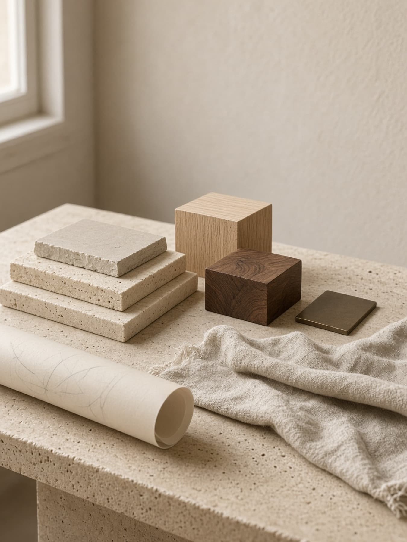 Stone, oak, walnut, bronze, and linen samples arranged on a limestone table beside a rolled drawing.