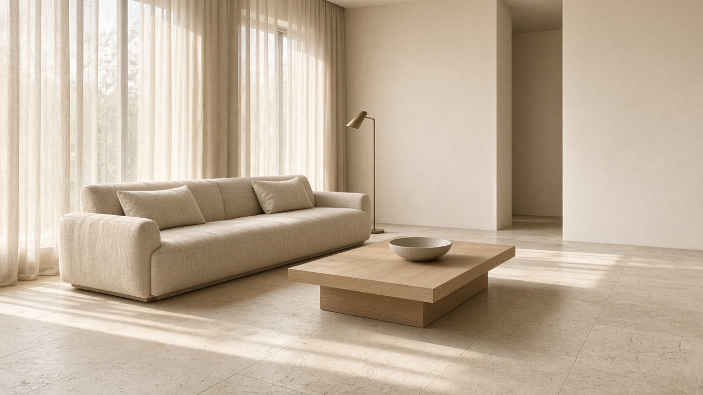 A sunlit living room with a linen sofa, an oak coffee table, a limestone floor, and sheer curtains.