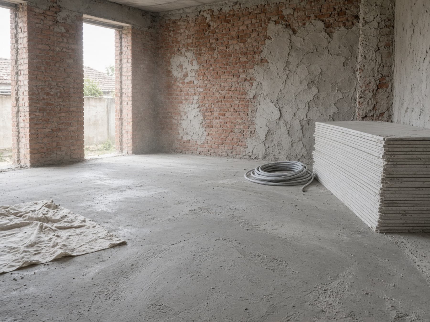 An unfinished room with a freshly screeded concrete floor, exposed brick walls partly rendered in plaster, unframed windows, and a stack of plasterboard.