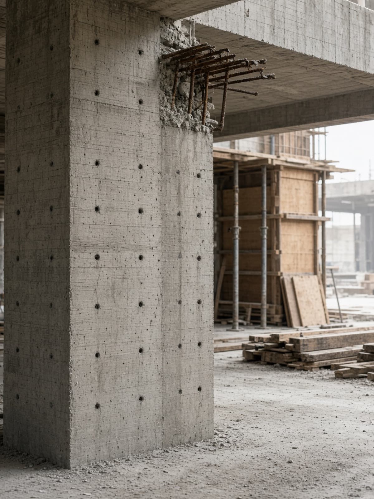 An exposed concrete column and slab with board-marked texture, rusted rebar at a cut edge, and timber formwork and steel props behind.