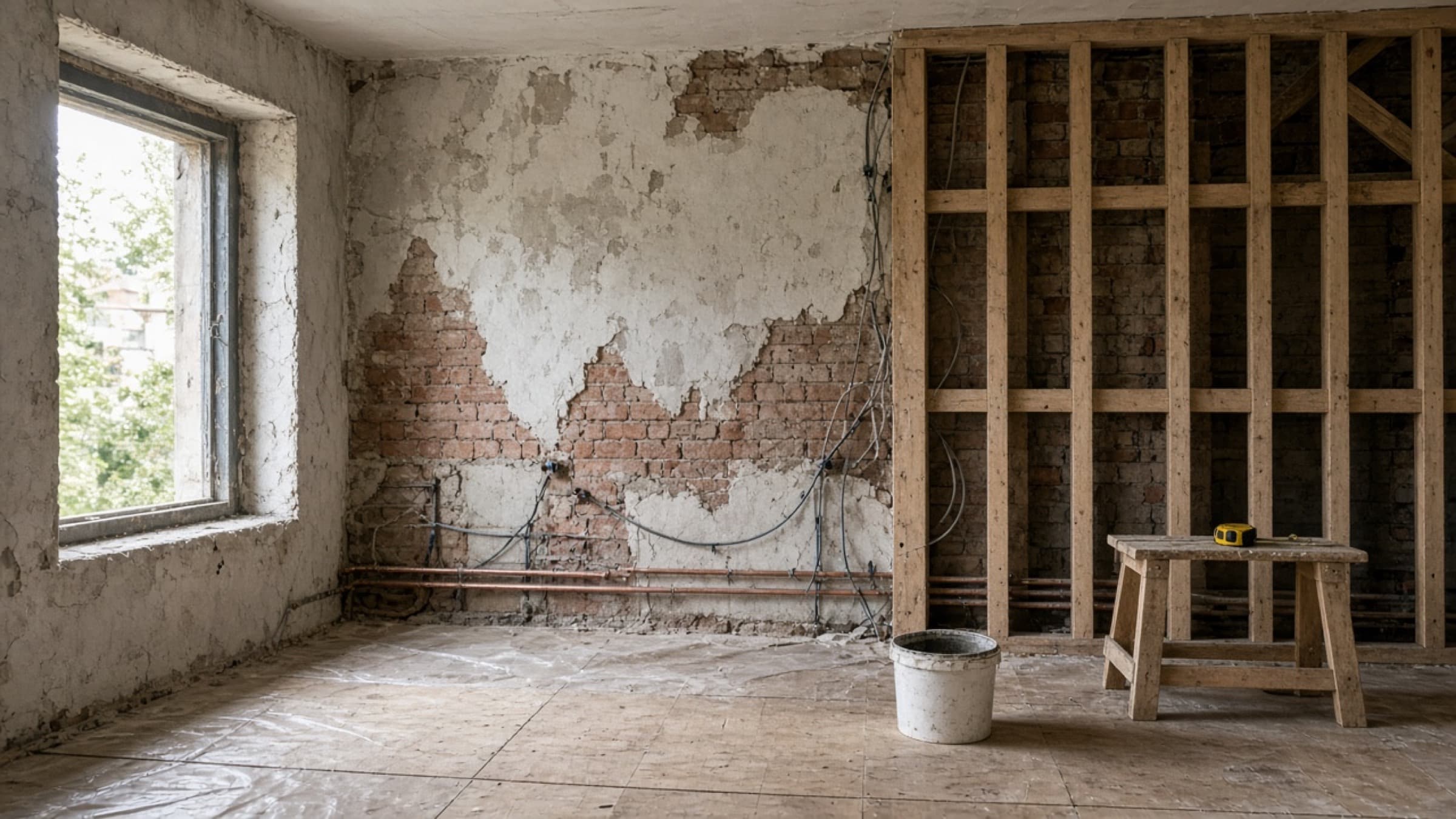 A room mid-renovation with bare plaster partly stripped back to brick, a half-built timber stud wall, cables along the wall, and a dust sheet on the floor.