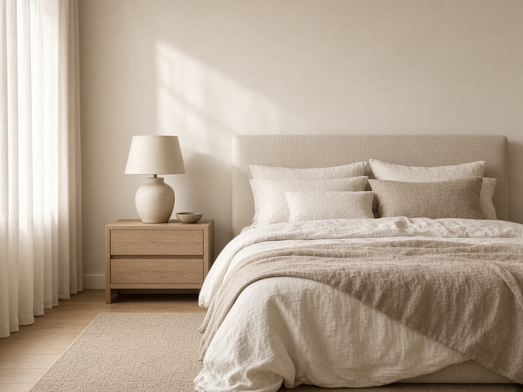 A bed with an oatmeal linen headboard and layered neutral bedding, beside an oak nightstand and ceramic lamp.