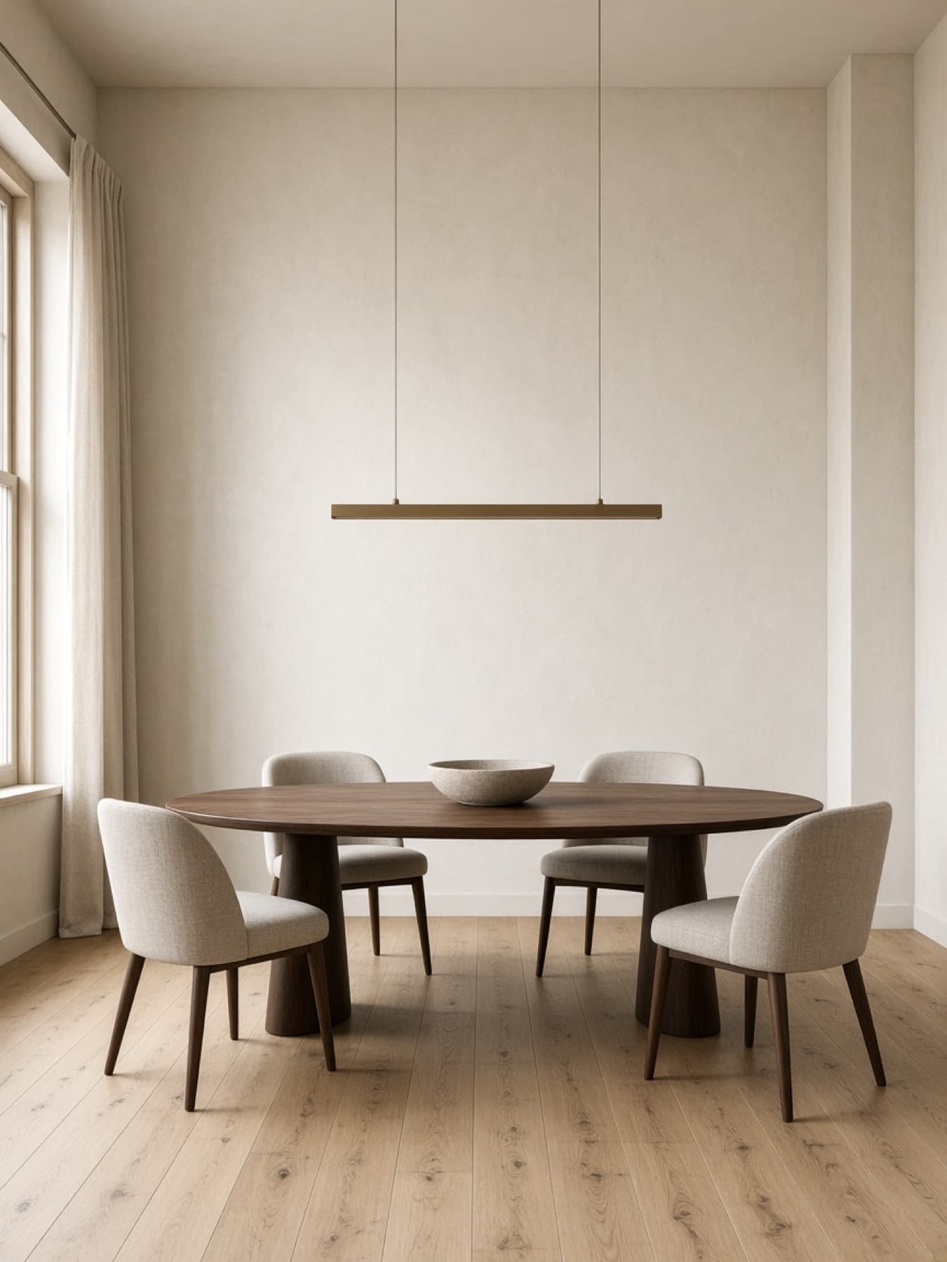 An oval walnut dining table with four linen chairs, a stone bowl, and a linear bronze pendant.