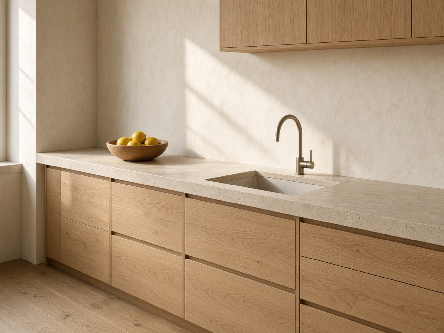 A kitchen with pale oak cabinets, a limestone counter, an integrated sink, and a wooden bowl of lemons.