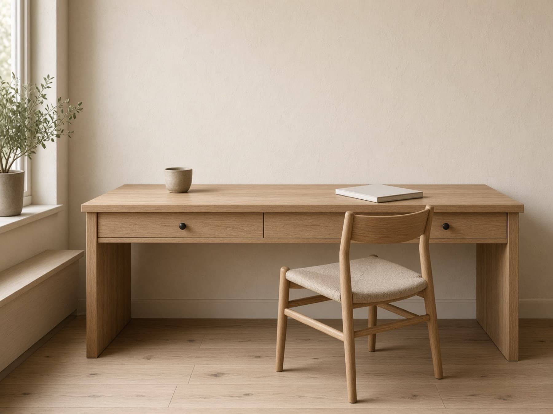 A long oak desk and a linen-seated chair in a quiet study, with a ceramic cup and a closed notebook.